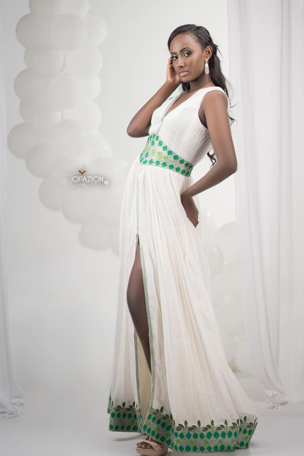 Zuria Habesha Kemis – White with Green Tibeb (Style 15) – Azmarino Fashion Boutique – view 3