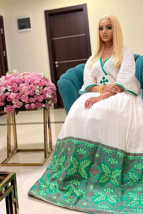 Zuria Habesha Kemis – White with Green Tibeb (Style 2) – Azmarino Fashion Boutique