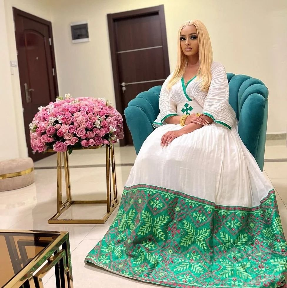 Zuria Habesha Kemis – White with Green Tibeb (Style 2) – Azmarino Fashion Boutique