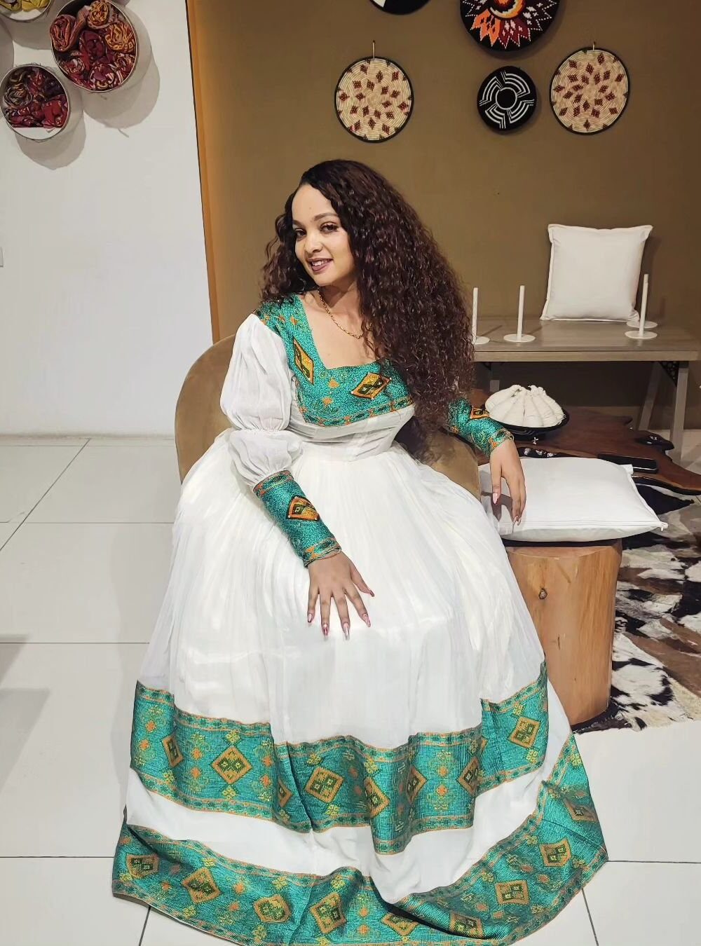 Zuria Habesha Kemis – White with Green Tibeb (Style 3) – Azmarino Fashion Boutique