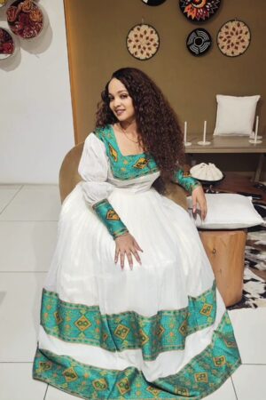 Zuria Habesha Kemis – White with Green Tibeb (Style 3) – Azmarino Fashion Boutique
