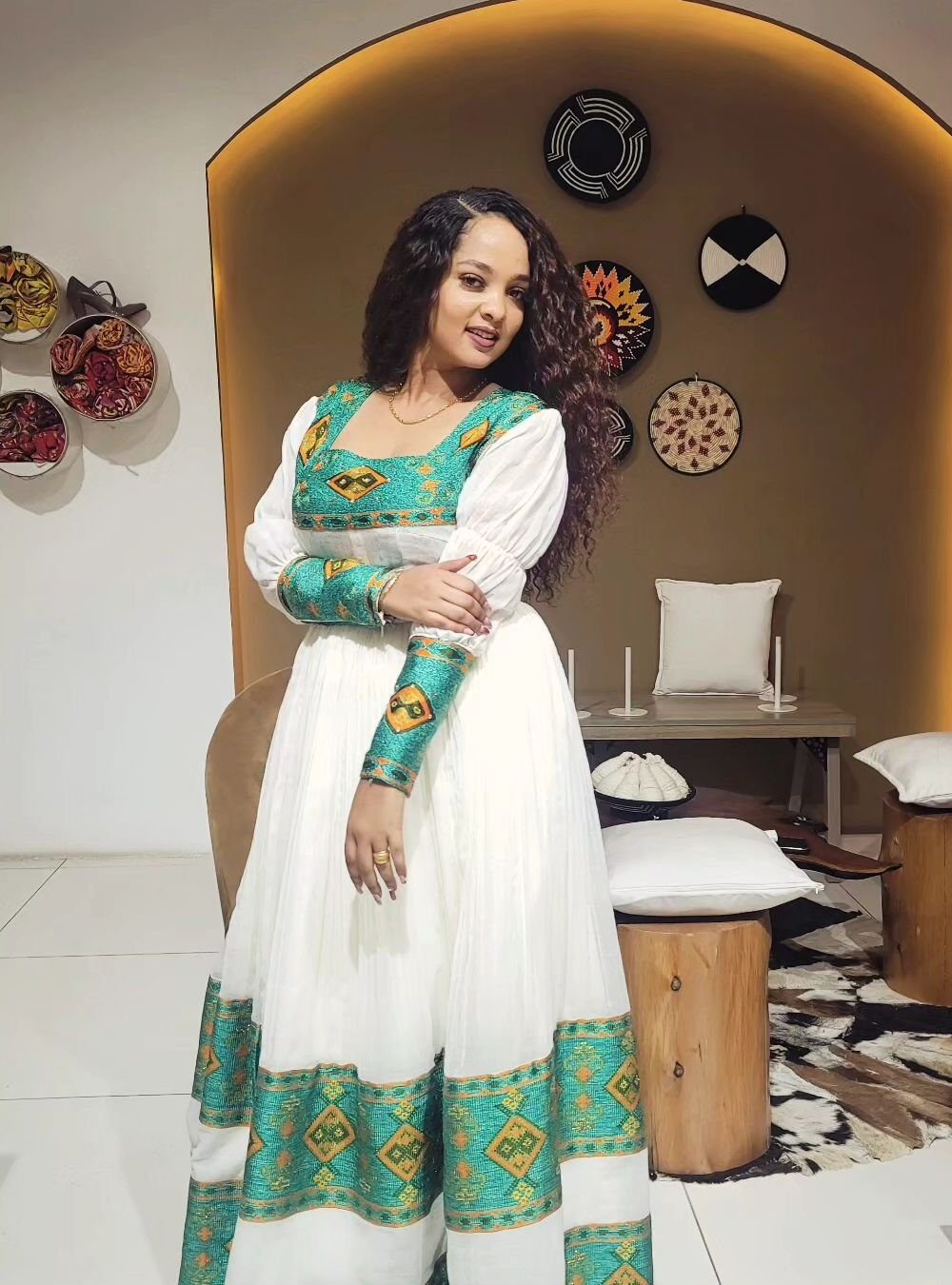 Zuria Habesha Kemis – White with Green Tibeb (Style 3) – Azmarino Fashion Boutique – view 2