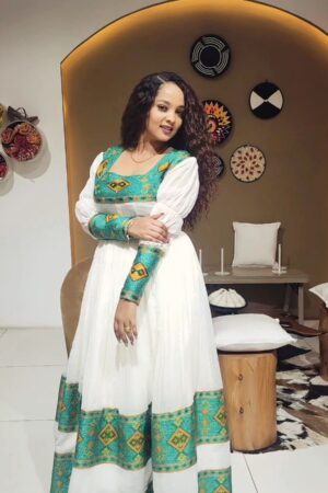 Zuria Habesha Kemis – White with Green Tibeb (Style 3) – Azmarino Fashion Boutique – view 2