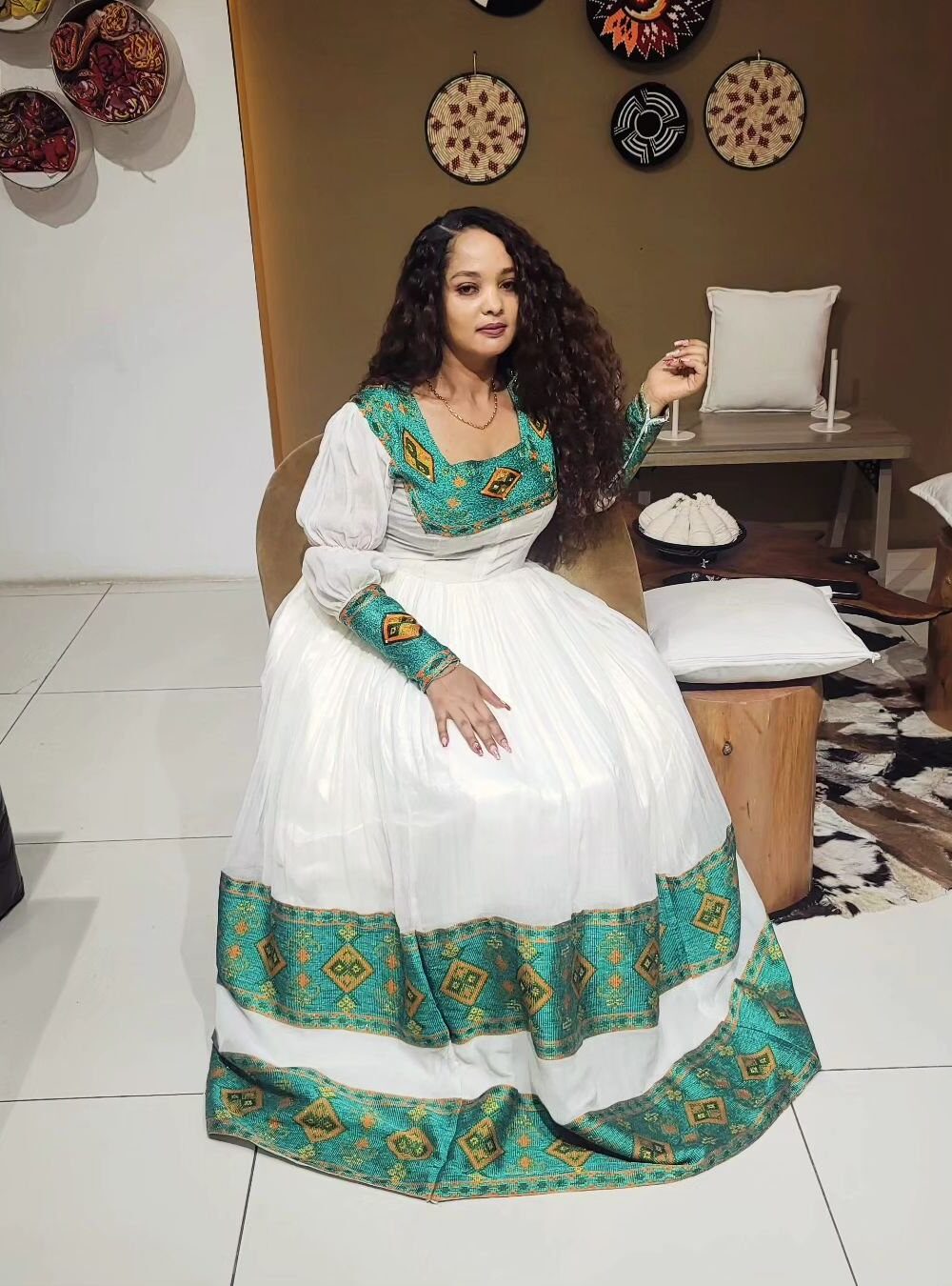 Zuria Habesha Kemis – White with Green Tibeb (Style 3) – Azmarino Fashion Boutique – view 3