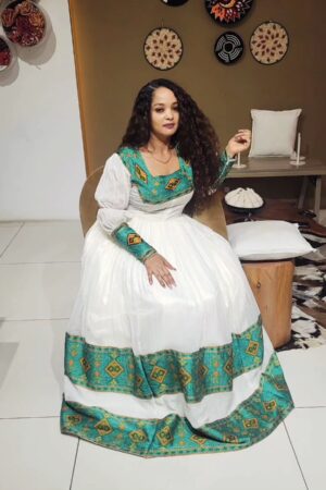 Zuria Habesha Kemis – White with Green Tibeb (Style 3) – Azmarino Fashion Boutique – view 3