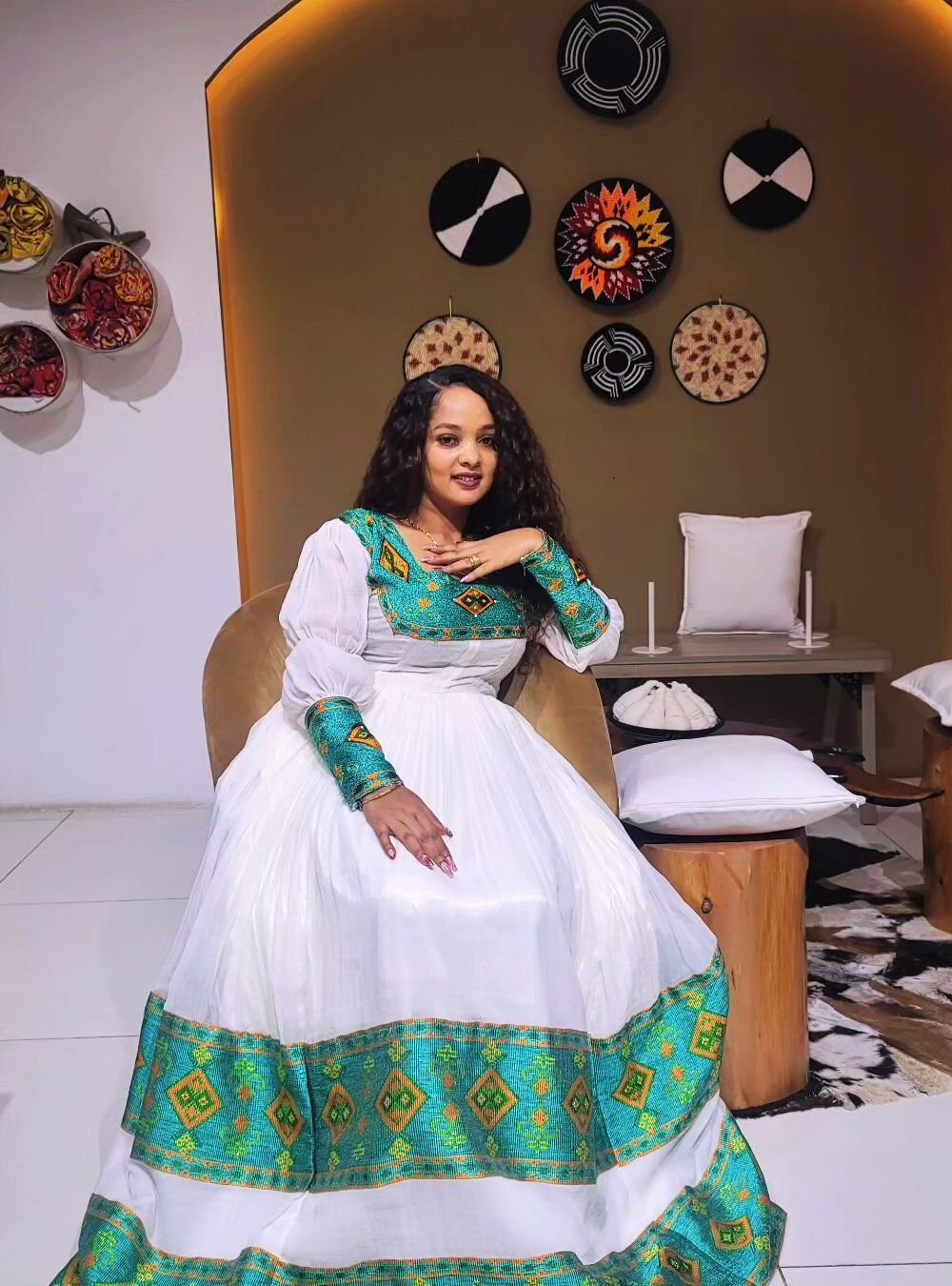 Zuria Habesha Kemis – White with Green Tibeb (Style 3) – Azmarino Fashion Boutique – view 4