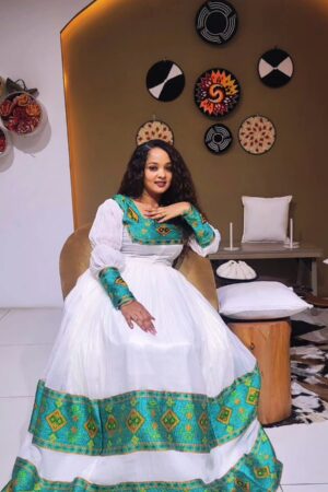Zuria Habesha Kemis – White with Green Tibeb (Style 3) – Azmarino Fashion Boutique – view 4