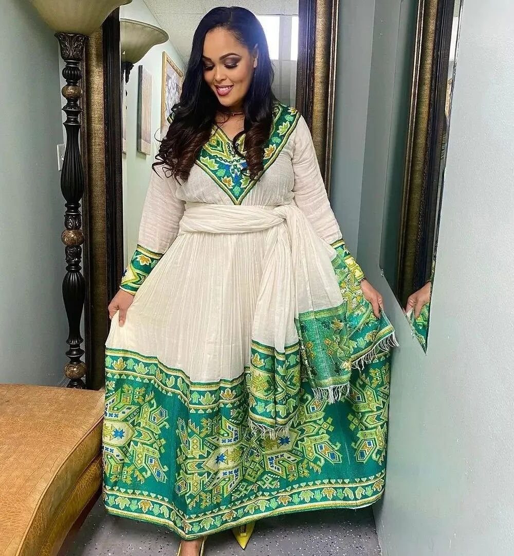 Zuria Habesha Kemis – White with Green Tibeb (Style 4) – Azmarino Fashion Boutique