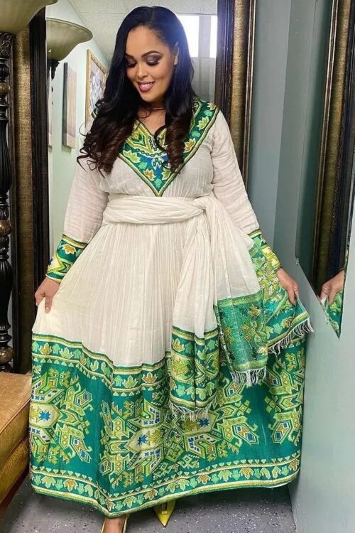 Zuria Habesha Kemis – White with Green Tibeb (Style 4) – Azmarino Fashion Boutique