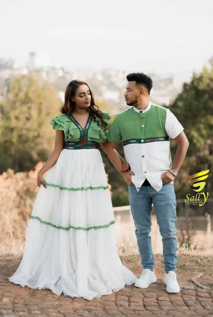 Zuria Habesha Kemis – White with Green Tibeb (Style 5) – Azmarino Fashion Boutique