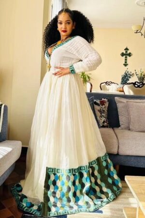 Zuria Habesha Kemis – White with Green Tibeb (Style 6) – Azmarino Fashion Boutique