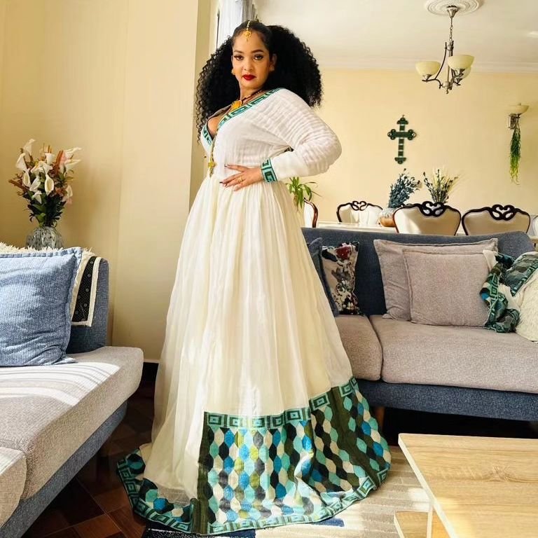 Zuria Habesha Kemis – White with Green Tibeb (Style 6) – Azmarino Fashion Boutique