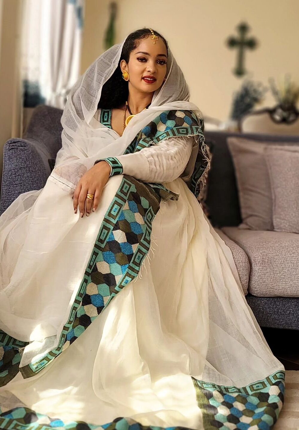 Zuria Habesha Kemis – White with Green Tibeb (Style 6) – Azmarino Fashion Boutique – view 2