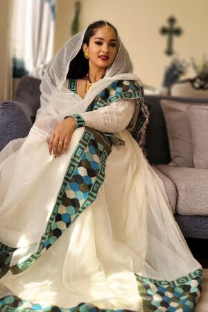 Zuria Habesha Kemis – White with Green Tibeb (Style 6) – Azmarino Fashion Boutique – view 2
