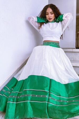 Zuria Habesha Kemis – White with Green Tibeb (Style 7) – Azmarino Fashion Boutique