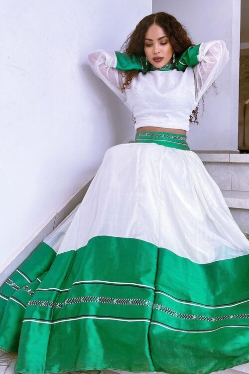 Zuria Habesha Kemis – White with Green Tibeb (Style 7) – Azmarino Fashion Boutique