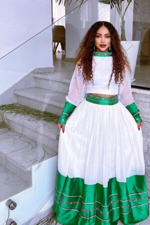 Zuria Habesha Kemis – White with Green Tibeb (Style 7) – Azmarino Fashion Boutique – view 3