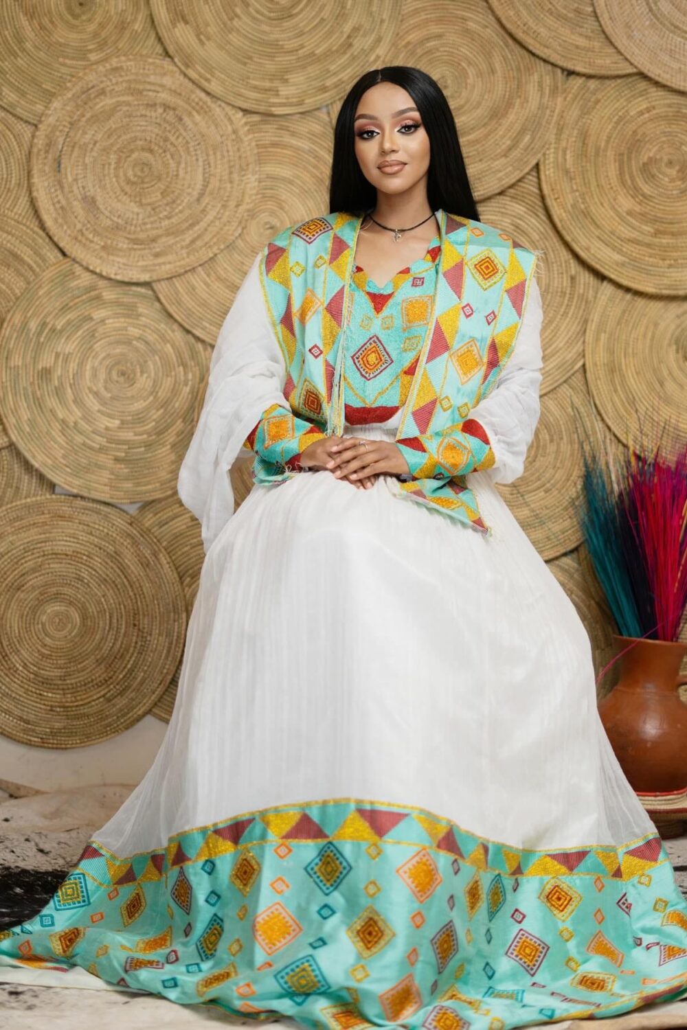 Zuria Habesha Kemis – White with Green Tibeb (Style 8) – Azmarino Fashion Boutique