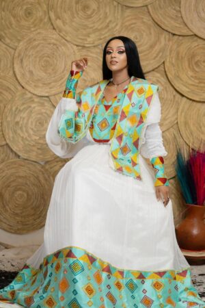 Zuria Habesha Kemis – White with Green Tibeb (Style 8) – Azmarino Fashion Boutique – view 3