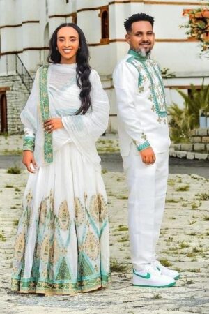 Zuria Habesha Kemis – White with Green Tibeb (Style 9) – Azmarino Fashion Boutique
