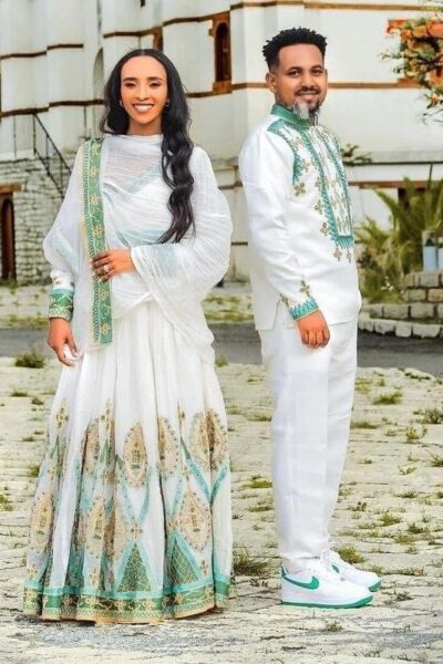Zuria Habesha Kemis – White with Green Tibeb (Style 9)