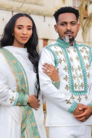 Zuria Habesha Kemis – White with Green Tibeb (Style 9) – Azmarino Fashion Boutique – view 2