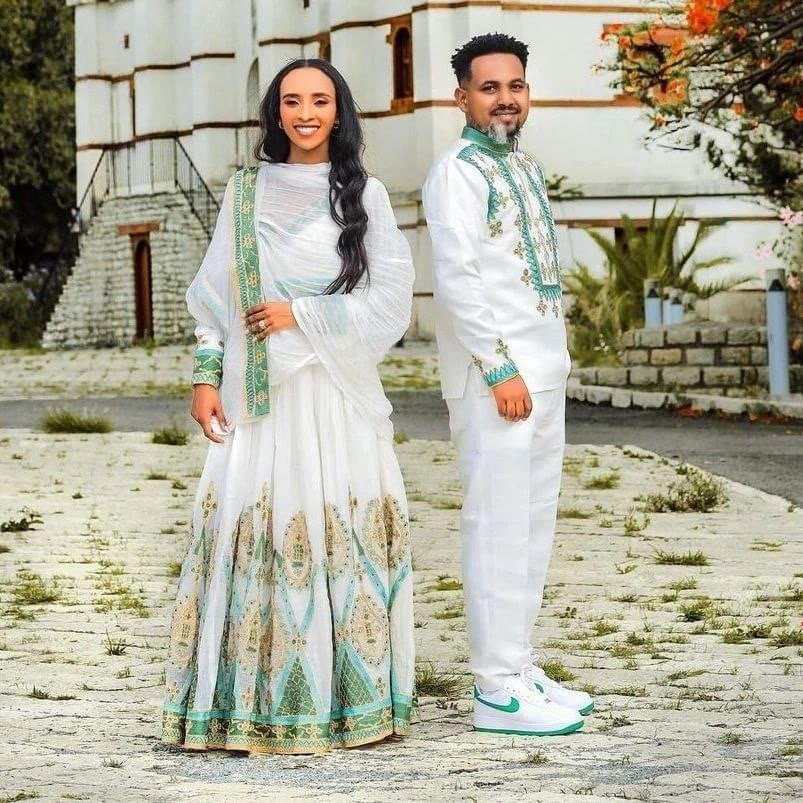 Zuria Habesha Kemis – White with Green Tibeb (Style 9) – Azmarino Fashion Boutique – view 3