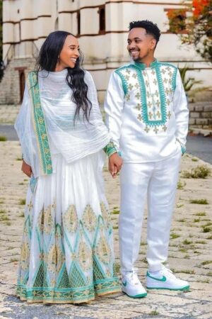 Zuria Habesha Kemis – White with Green Tibeb (Style 9) – Azmarino Fashion Boutique – view 4