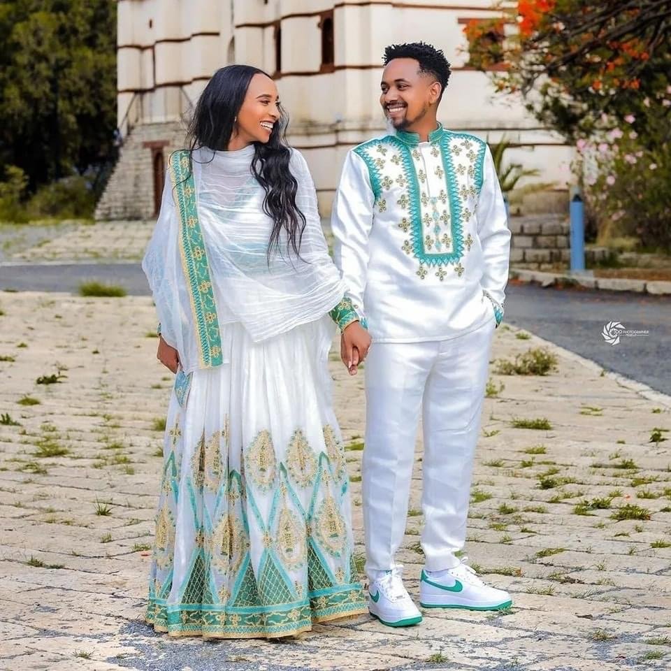 Zuria Habesha Kemis – White with Green Tibeb (Style 9) – Azmarino Fashion Boutique – view 4