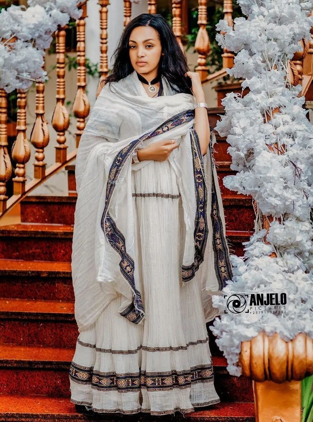Zuria Habesha Kemis – White with Grey Tibeb (Style 1) – Azmarino Fashion Boutique