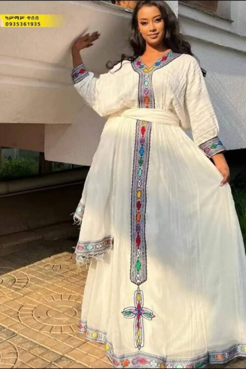 Zuria Habesha Kemis – White with Grey Tibeb (Style 2) – Azmarino Fashion Boutique