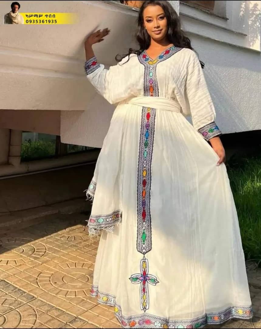 Zuria Habesha Kemis – White with Grey Tibeb (Style 2) – Azmarino Fashion Boutique