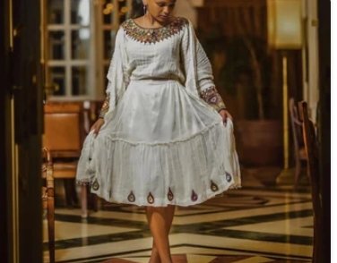 Zuria Habesha Kemis – White with Grey Tibeb (Style 3) – Azmarino Fashion Boutique
