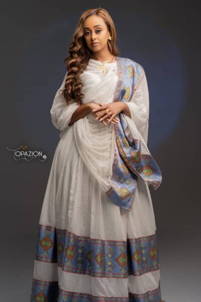 Zuria Habesha Kemis – White with Grey Tibeb (Style 4)