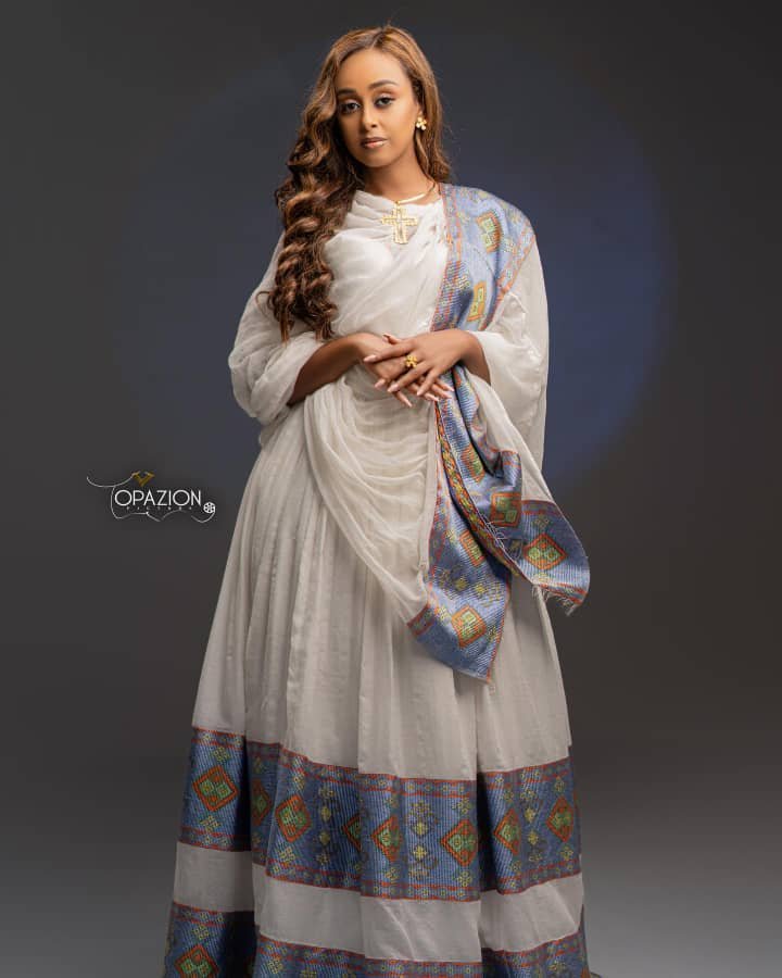 Zuria Habesha Kemis – White with Grey Tibeb (Style 4) – Azmarino Fashion Boutique