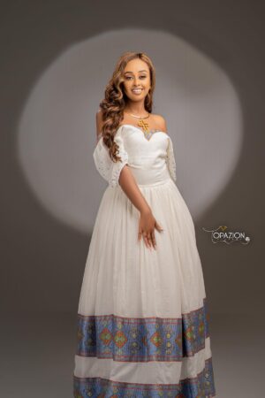 Zuria Habesha Kemis – White with Grey Tibeb (Style 4) – Azmarino Fashion Boutique – view 2