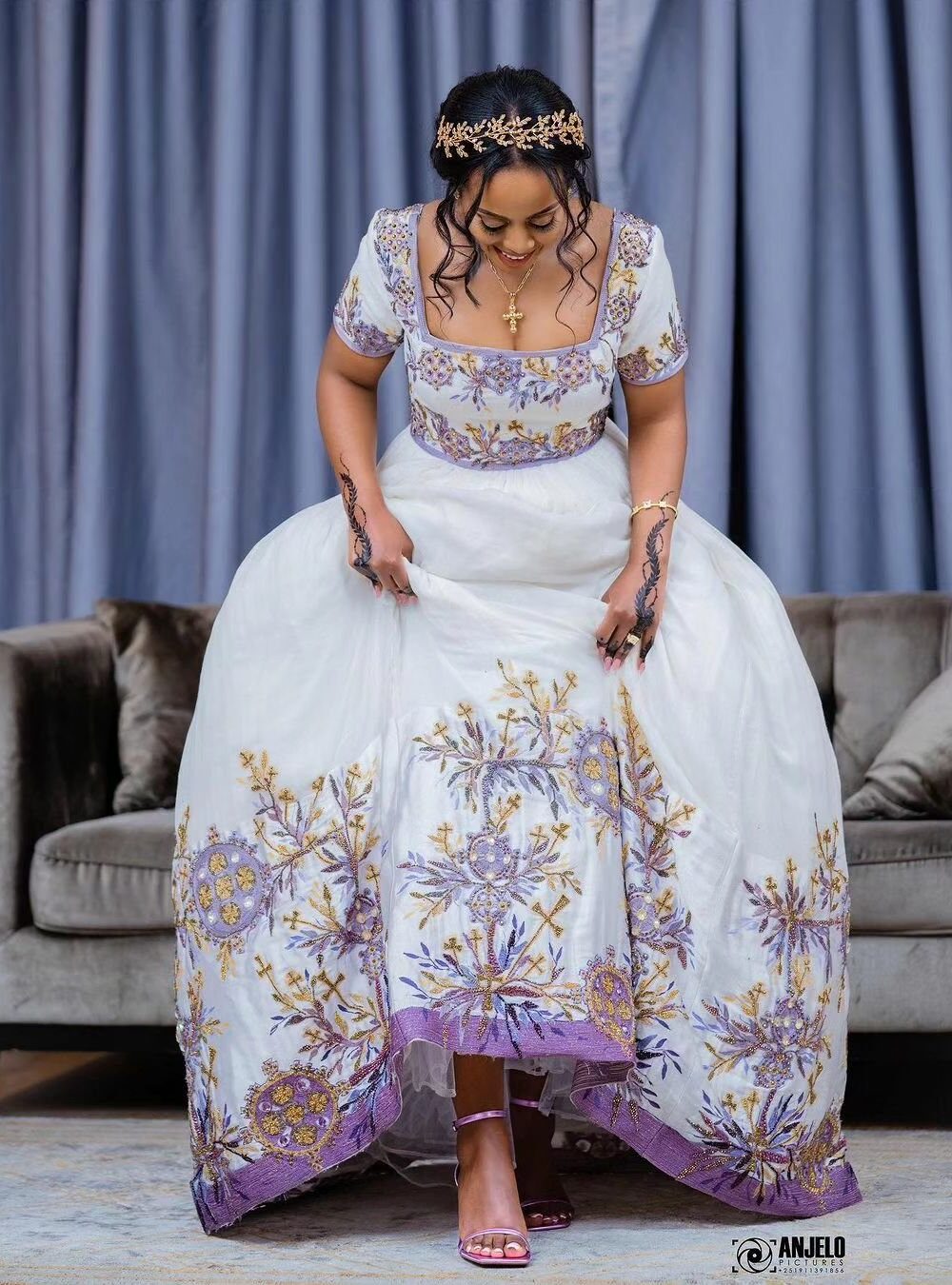 Zuria Habesha Kemis – White with Lilac Tibeb (Style 1) – Azmarino Fashion Boutique