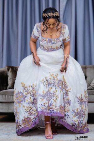 Zuria Habesha Kemis – White with Lilac Tibeb (Style 1) – Azmarino Fashion Boutique