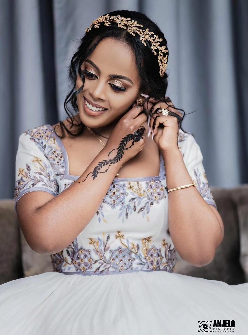 Zuria Habesha Kemis – White with Lilac Tibeb (Style 1) – Azmarino Fashion Boutique – view 2
