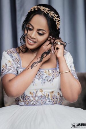 Zuria Habesha Kemis – White with Lilac Tibeb (Style 1) – Azmarino Fashion Boutique – view 2