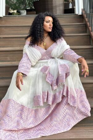 Zuria Habesha Kemis – White with Lilac Tibeb (Style 2) – Azmarino Fashion Boutique