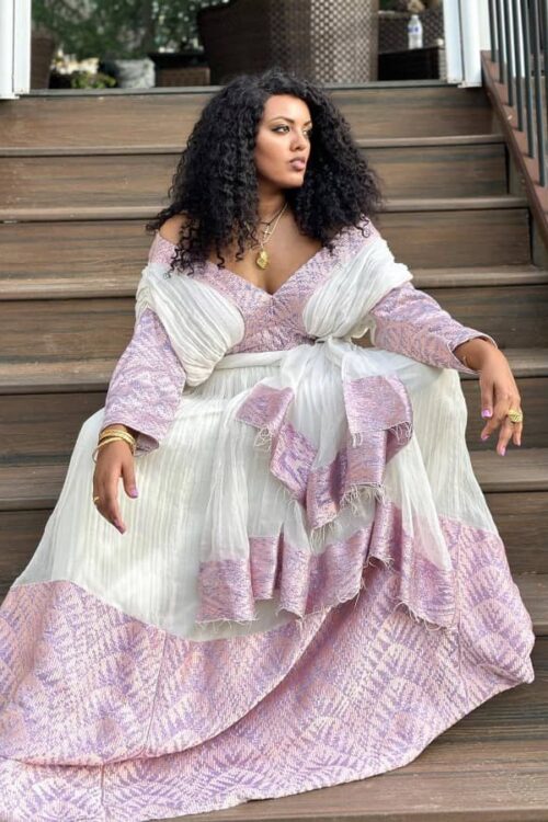 Zuria Habesha Kemis – White with Lilac Tibeb (Style 2) – Azmarino Fashion Boutique