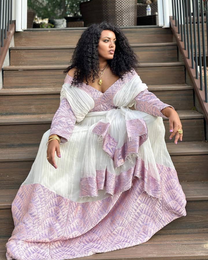Zuria Habesha Kemis – White with Lilac Tibeb (Style 2) – Azmarino Fashion Boutique