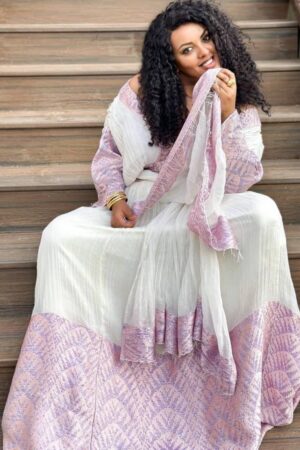 Zuria Habesha Kemis – White with Lilac Tibeb (Style 2) – Azmarino Fashion Boutique – view 2