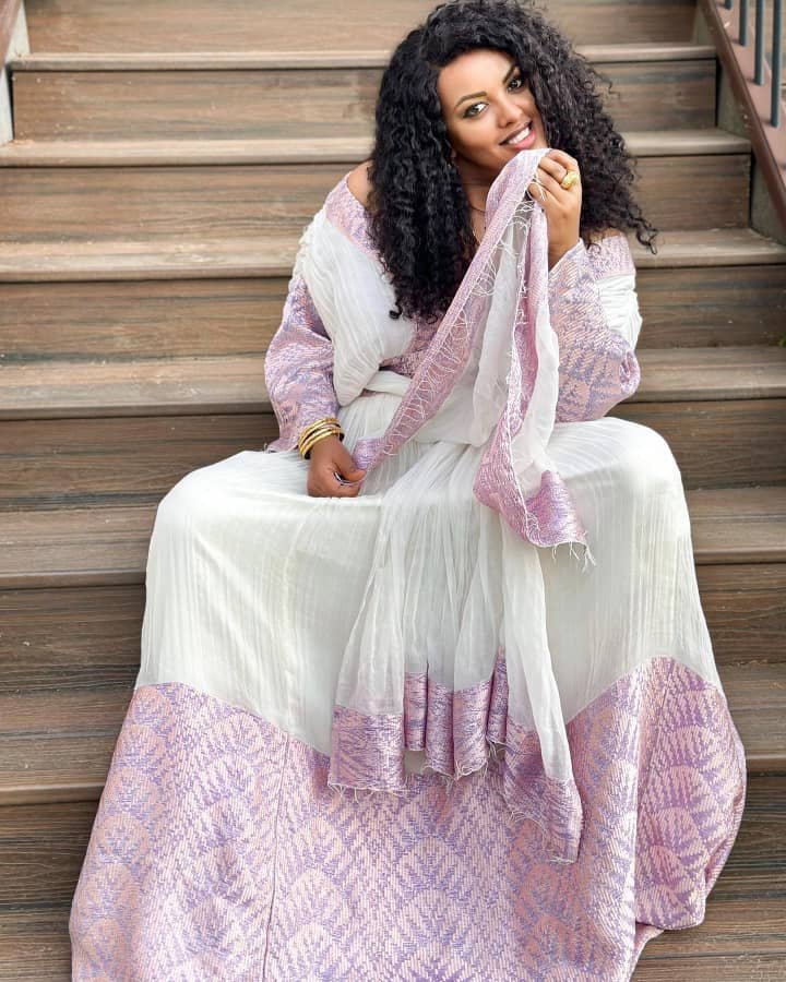 Zuria Habesha Kemis – White with Lilac Tibeb (Style 2) – Azmarino Fashion Boutique – view 2