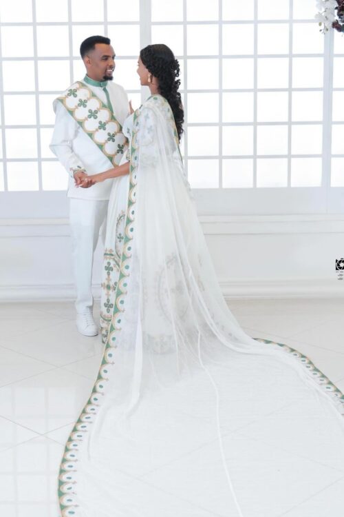 Zuria Habesha Kemis – White with Long Train – Azmarino Fashion Boutique
