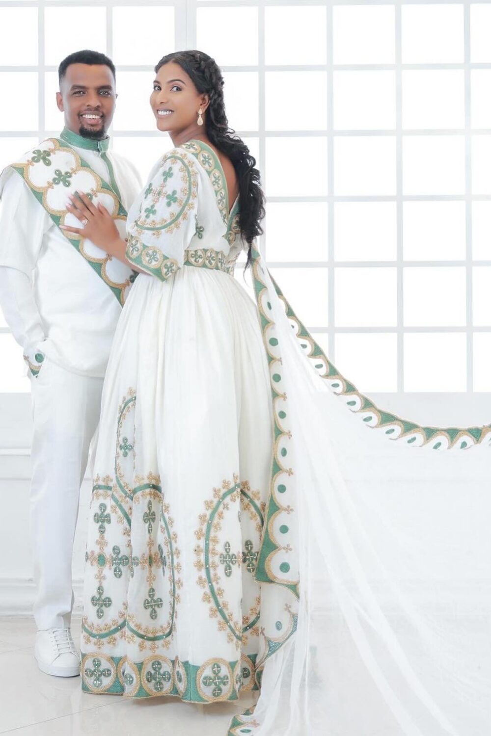 Zuria Habesha Kemis – White with Long Train – Azmarino Fashion Boutique – view 2
