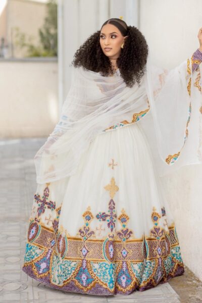 Zuria Habesha Kemis – White with Multicolour Cross Tibeb