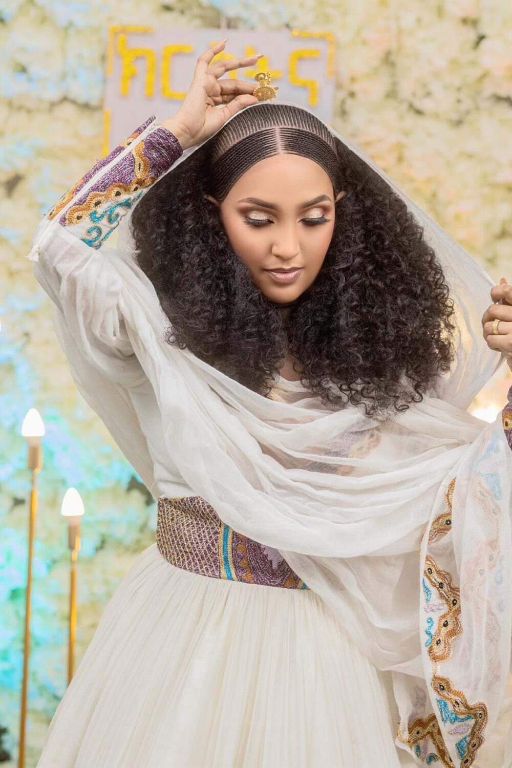 Zuria Habesha Kemis – White with Multicolour Cross Tibeb – Azmarino Fashion Boutique – view 2