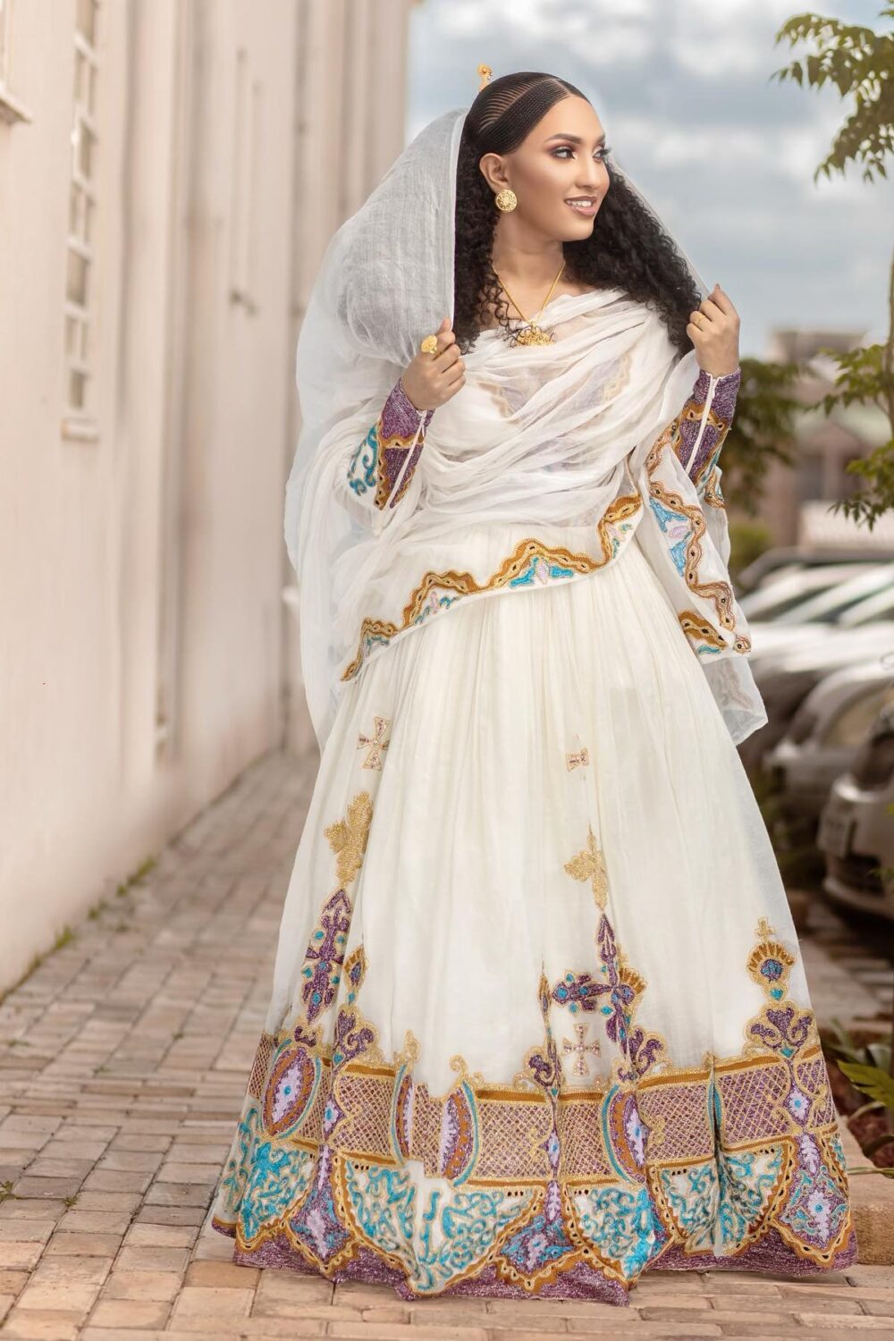 Zuria Habesha Kemis – White with Multicolour Cross Tibeb – Azmarino Fashion Boutique – view 3